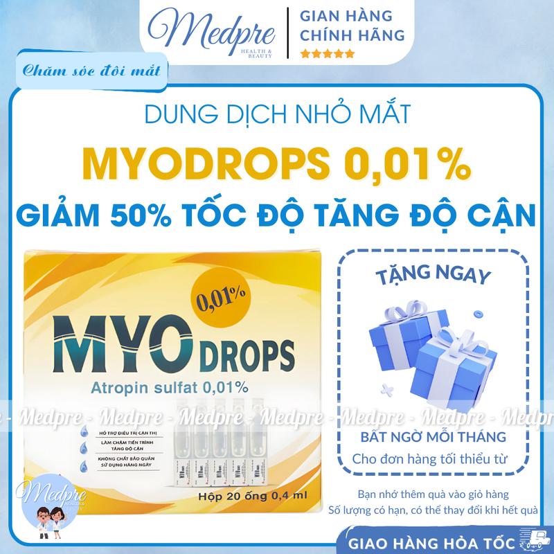 Dung dịch nhỏ mắt MYODROPS 0,01 (Atropin 0,01%) - Làm chậm và kiểm soát quá trình tăng độ cận - Hộp 4 vỉ 20 tép - Medpre 0