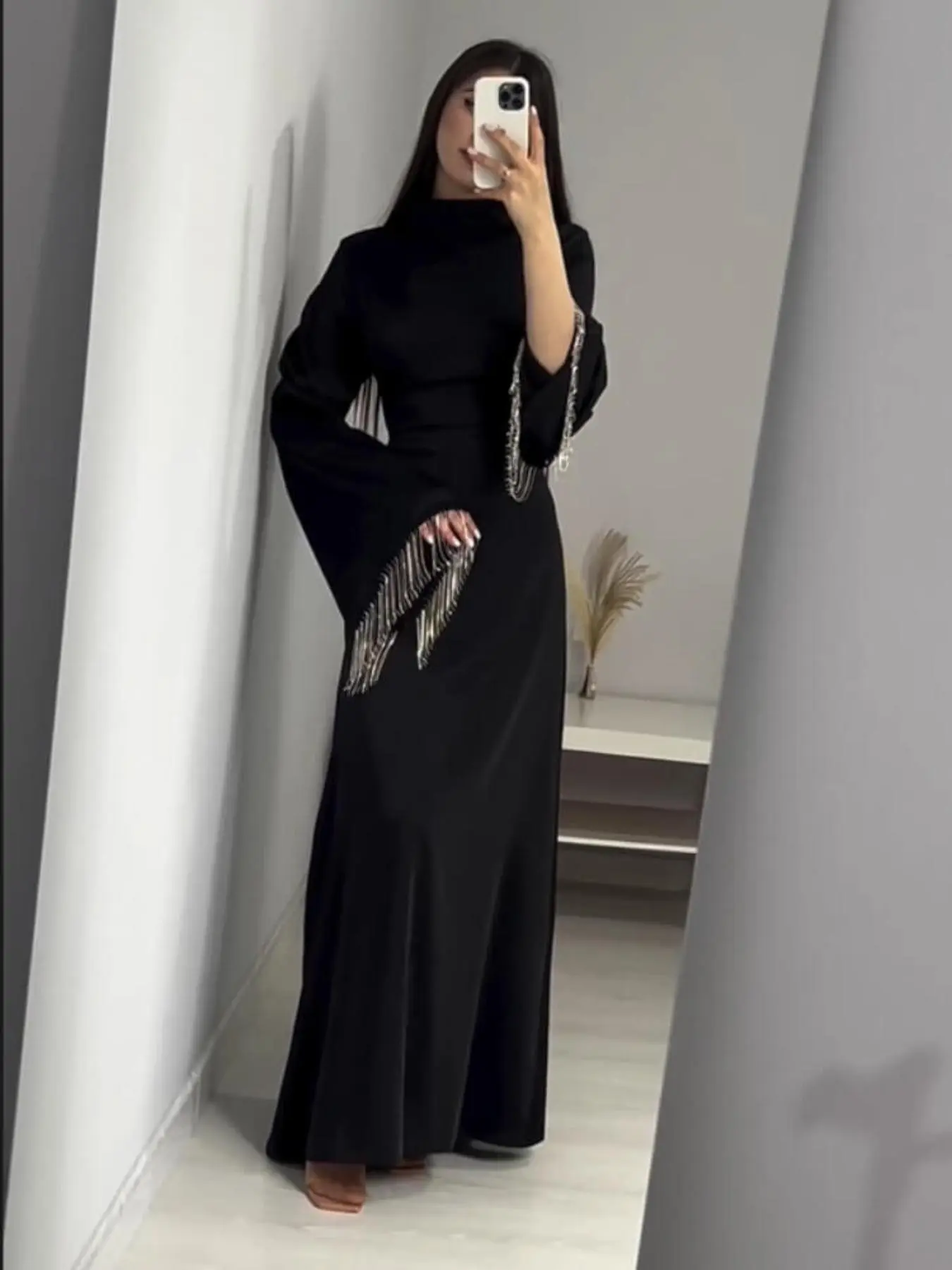 Women's Fringe Trim Mock Neck Dress, Elegant Fashion Long Sleeve Dress for Party Dating Wear, Women Dress for Spring Fall, Casual Dresses