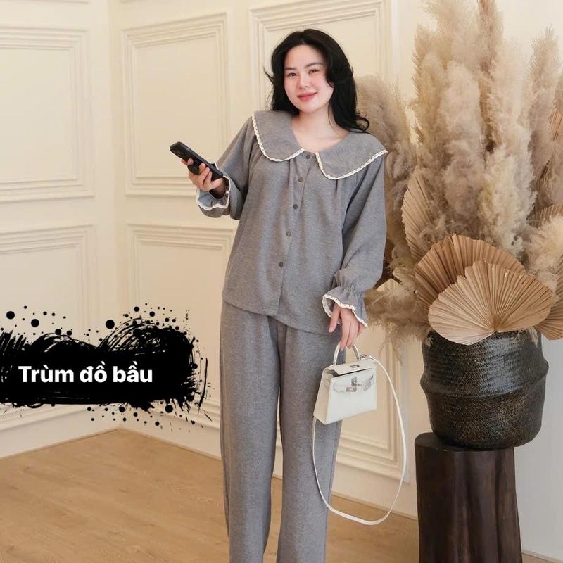 Hàng Mới Về Set Đồ Bộ Bầu Cổ Sen Viền Ren Thêu Len Lông Thỏ Cao Cấp Bộ Bầu Voi