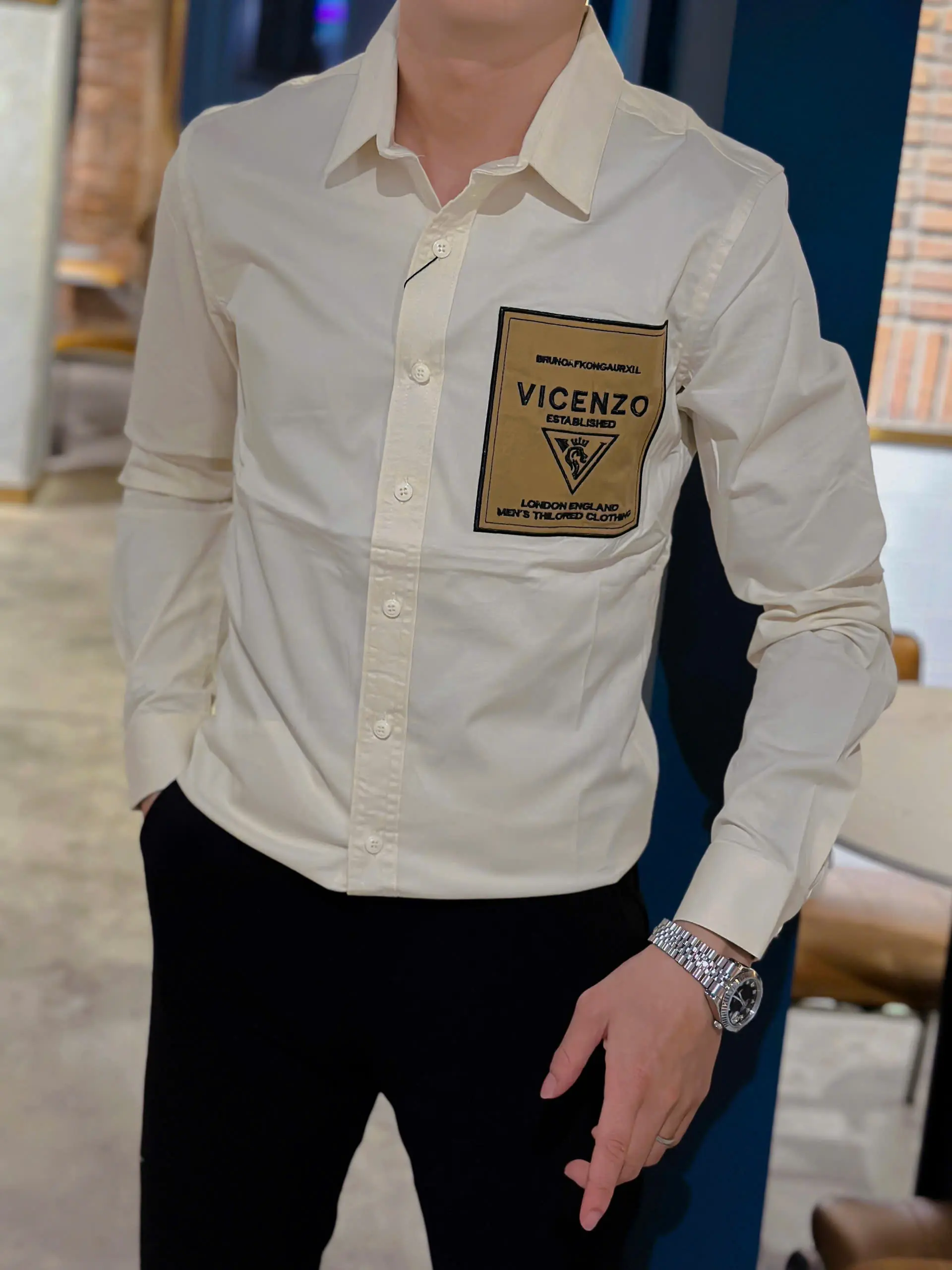 Áo sơmi kaki Nam phối logo Vicenzo  dài tay 63563 Menswear