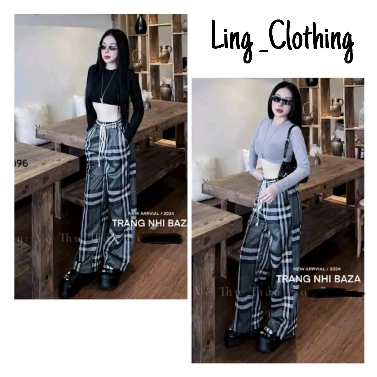 Set Bộ Nữ Áo CropTop Thun Tay Dài Phối Quần Caro Xanh