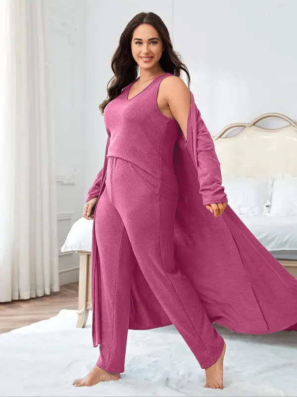 Plus Size Solid V Neck Tank Top & Elastic Waist Pants & Open Front Lounge Robe Set, Casual Comfy Sleepwear Set, Womens Clothes, Women's Sleepwear for All Seasons Valentine's Day, gift, Pajamas 8