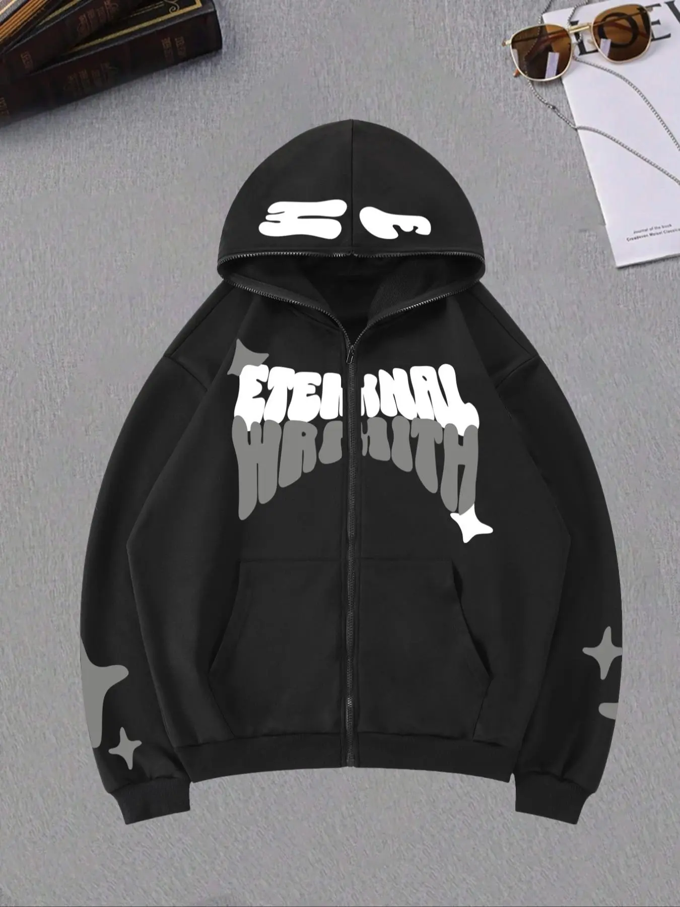 Men's Letter & Star Print Zip Up Hoodie, Regular Fit Casual  Cozy Drop Shoulder Long Sleeve Hooded Sweatshirt for Fall & Winter, Men's Clothes for Daily Wear
