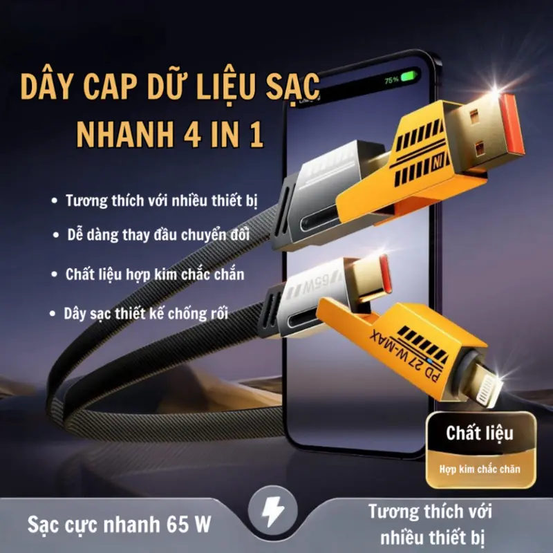 Dây Cáp sạc nhanh 4 in 1 PD22.5W sạc Usb-Type C , Type C-TypeC, Type C - Lightning, USB - laining - Đa năng đa dụng  Phụ Kiện Sạc Điện Thoại 0