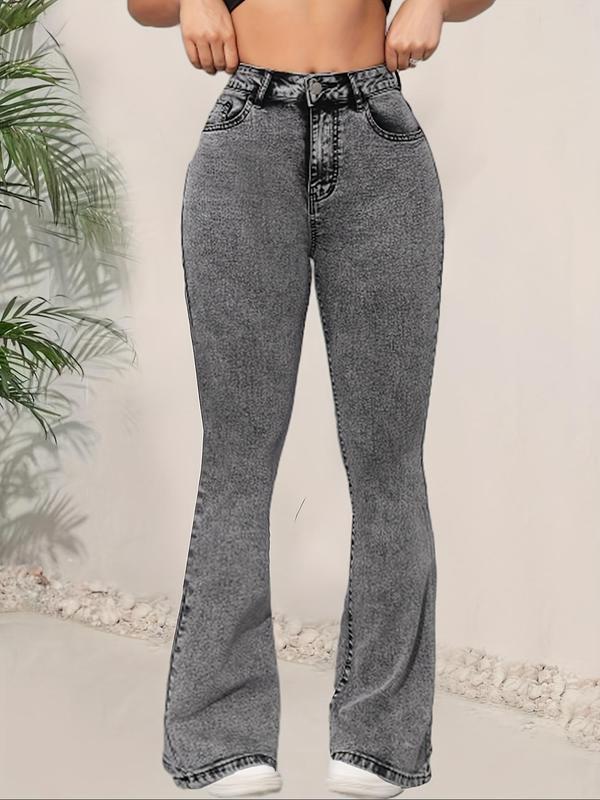 【Plus Size】 Solid Color Button Fly Flare Leg Jeans, Casual Pocket Design Bell Bottom Trousers for Daily Wear, Women's Bottoms for All Seasons 2