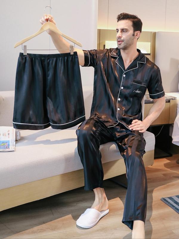 Three-Piece Set Men's All Over Print Button Front Pyjamas Set, Casual Pocket Shirt & Elastic Waist Pants & Contrast Binding Shorts, Men's Sleepwear Set for Summer 3