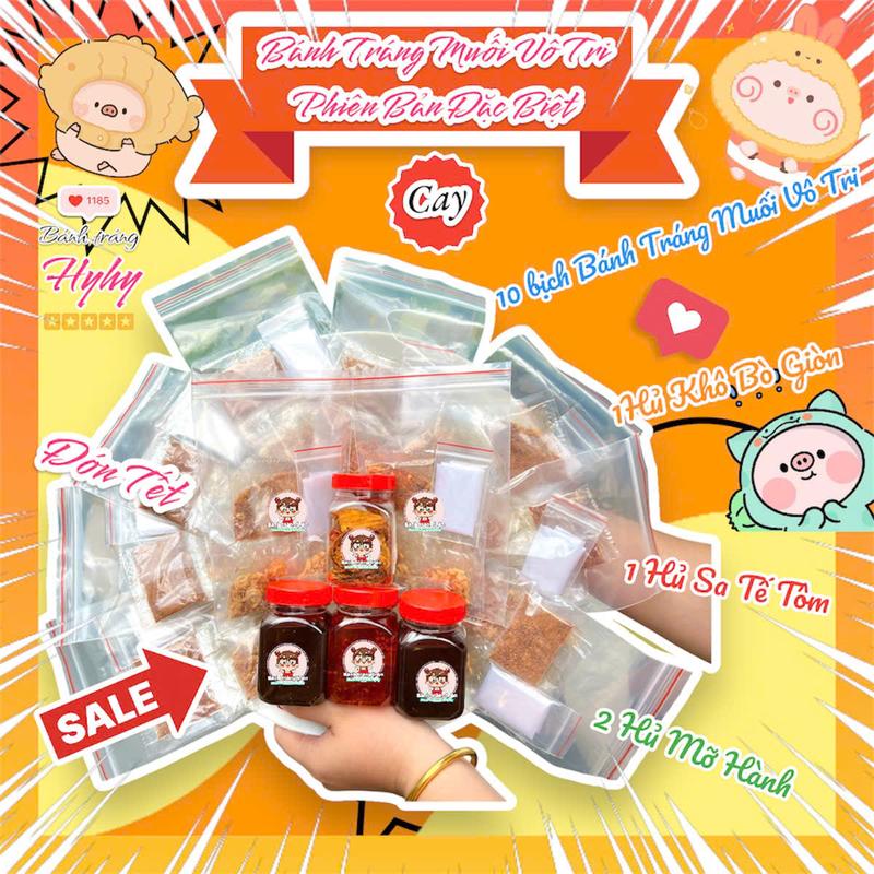 Bánh Tráng MUỐI VÔ TRI PHIÊN BẢN ĐẶC BIỆT nhà HyHy - 10 bịch Bánh Tráng - 1 HỦ KHÔ BÒ GIÒN LOẠI NGON - Ăn Cay chọn thêm SA TẾ TÔM - Đồ Ăn Vặt Snacks Food Thức Ăn banh trang muoi combobanh  trang