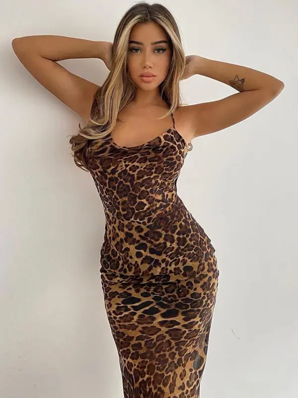 Women's Leopard Print Criss Cross Backless Cami Mermaid Dress, Bodycon Dress, Fashion Sleeveless Tie Back Long Dress, skinny Ladies Summer Clothes, Womenswear, Cheetah Print Dress 3