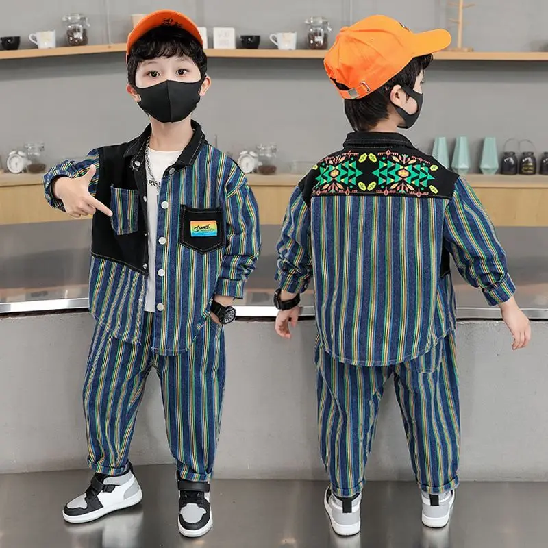 Quần Áo Mùa Thu Cho Bé Trai, Bộ Đồ Denim, Quần Áo Đẹp Trai Mới, Thích Hợp Cho Mùa Xuân Và Mùa Thu, Bộ Đồ Hai Mảnh Sọc Cho Trẻ Em 2