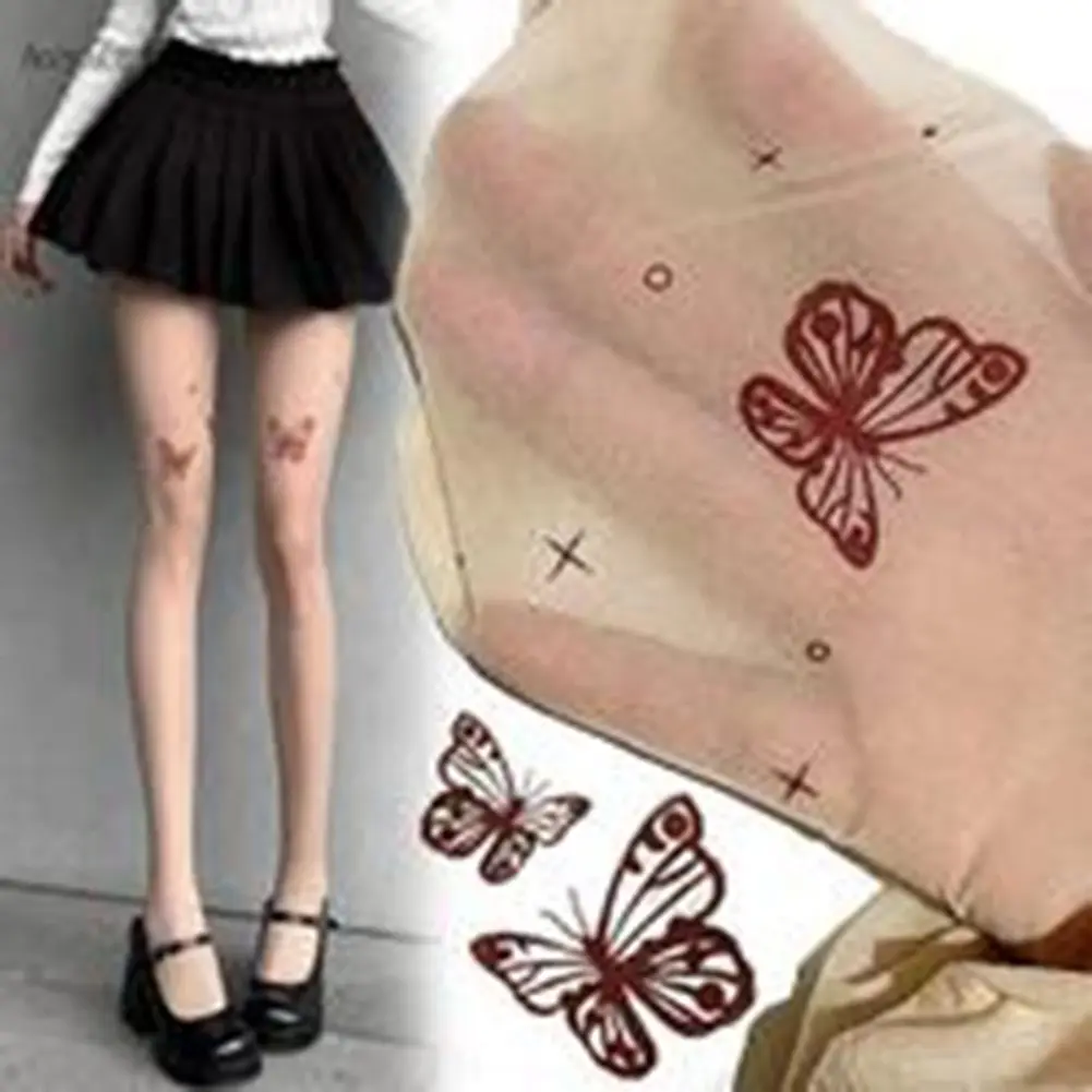 Y2K Women Ultrathin Tights Vintage Fake Tattoo Butterfly Transparent Pantyhose