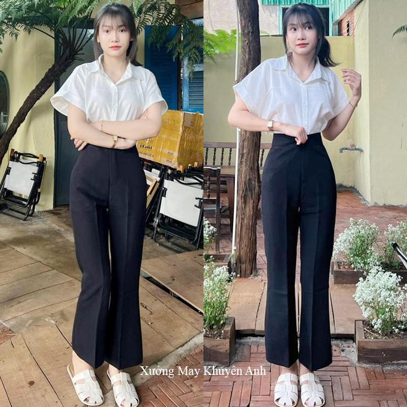 Quần ống loe đi học lưng cao nữ m50 m55 m60 1 cúc 2 nút màu Đen - Quần tây ống loe cạp cao nữ đi học công sở hẹn hò tiệc vải mềm đáy cao