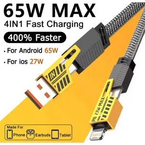 Kabel Data 4in1 Fast Charging 65W MAX untuk HP Tablet dengan 4 Konektor USB Type-C Lightning Nylon Braided Tahan Tarik dan Anti Kusut untuk Android iPhone Tablet dan Earbuds