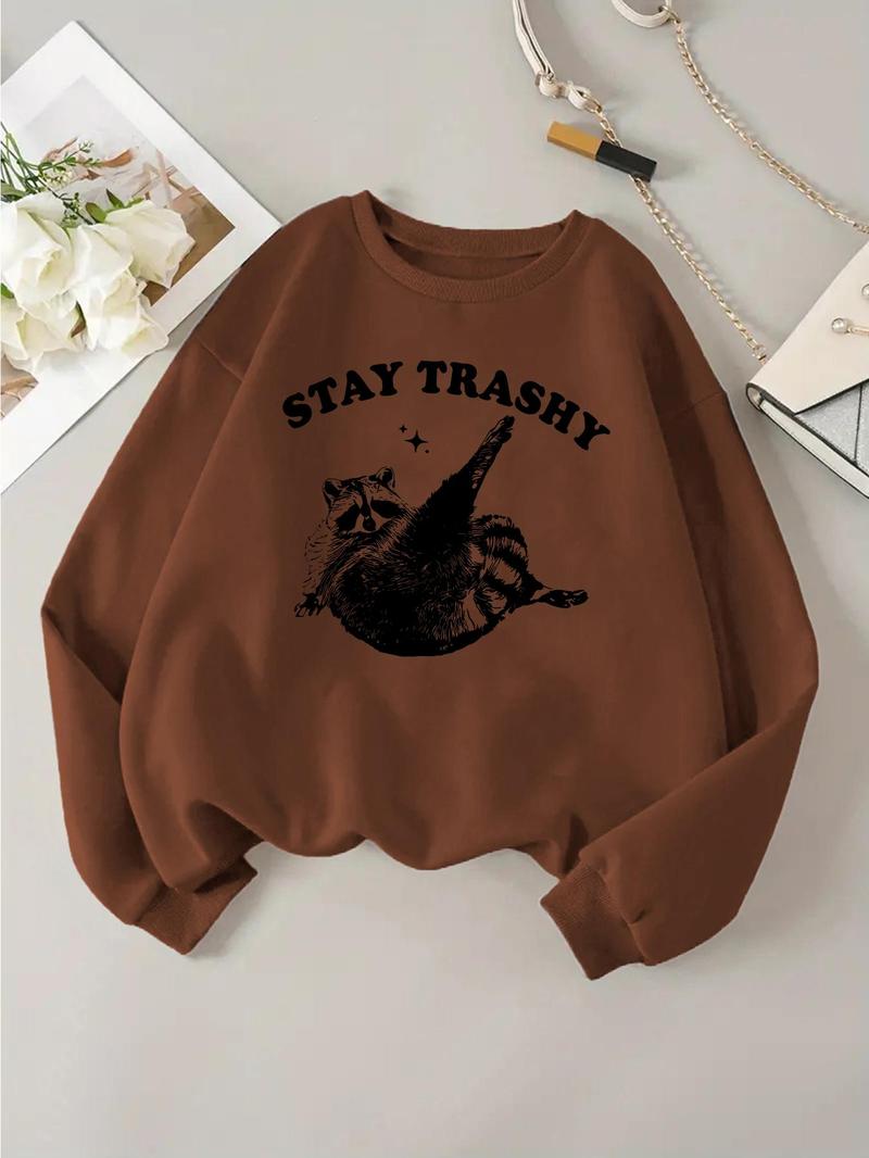 Product Introduction of Women's Raccoon & Letter Print Drop Shoulder Sweatshirt, Casual Long Sleeve Round Neck Pullover for Daily Wear, Ladies Clothes for All Seasons 5