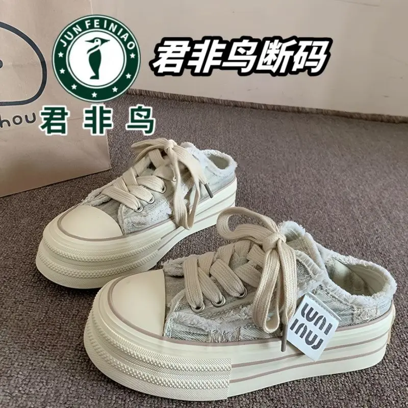Giày Lười Bán Dép Chim, Junfei, Giày Vải, Dành Cho Nữ, Hàng Mới Về 2024, Giày Thoáng Khí, Thích Hợp Cho Học Sinh, Giày Thường Ngày Dễ Phối Đồ 4