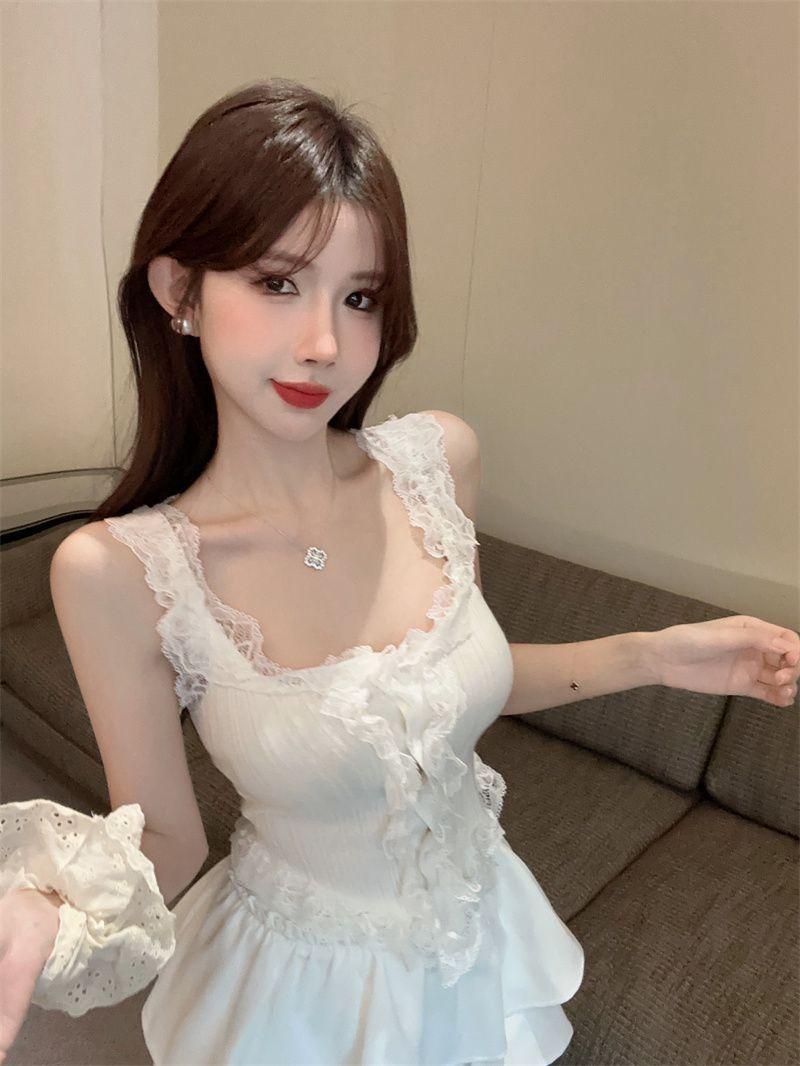 Product Introduction of French style sweet and spicy gentle lace camisole vest for women, worn inside and outside, irregular short sleeveless top Womenswear Tube Lingerie Comfort 2
