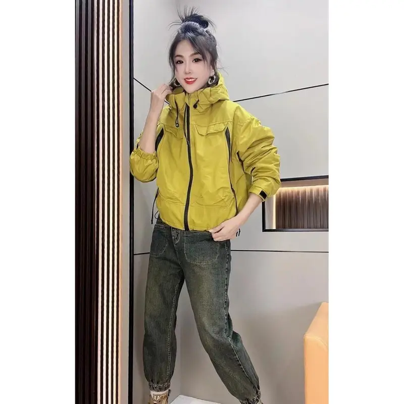 Áo Khoác Cotton, Phong Cách Hàn Quốc, Dáng Rộng Rãi Và Thường Ngày, Có Mũ Trùm Đầu, Túi Lớn, Khóa Kéo, Dành Cho Nữ Công Nhân, Áo Khoác Gió, Hàng Mới Về Năm 2025 3
