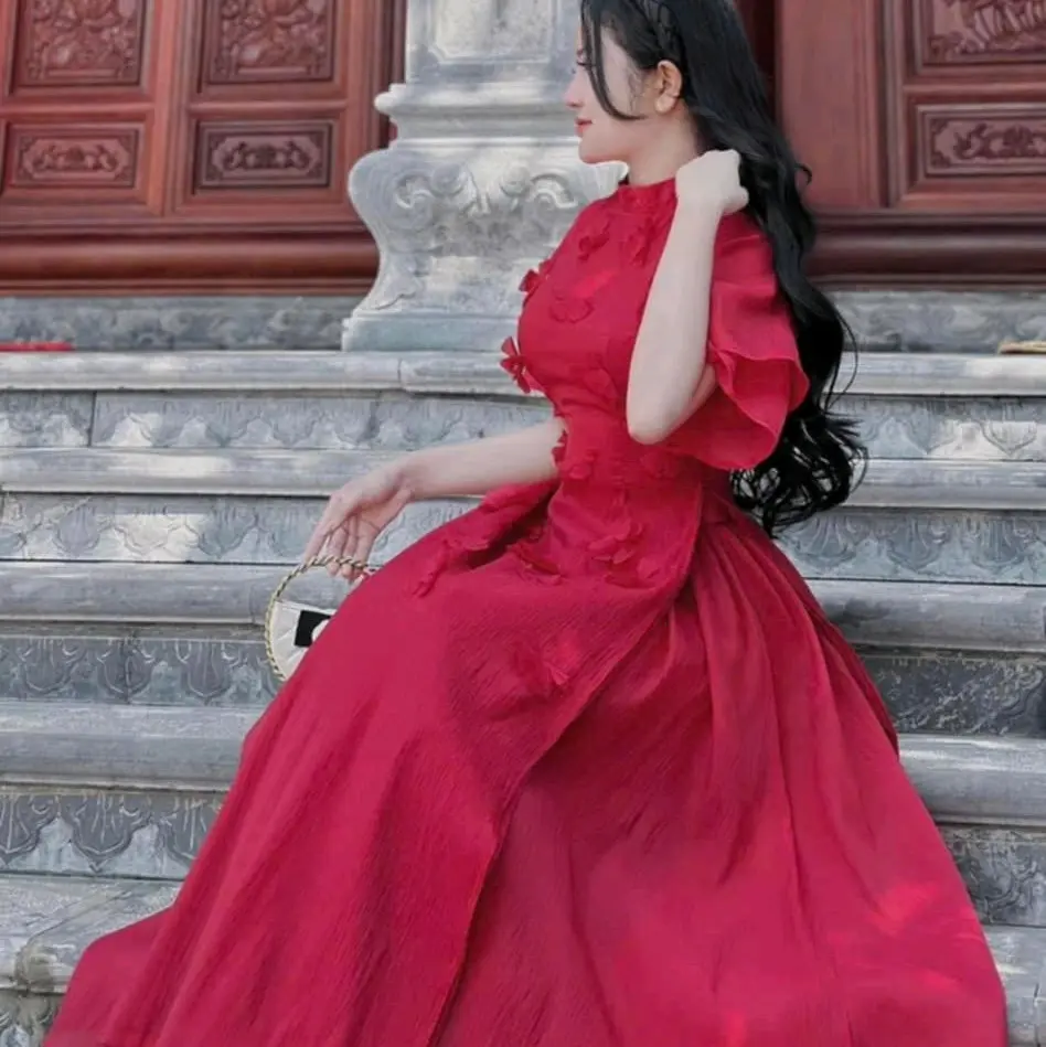Sét bộ áo dài trang phục truyền thống Nữ chất tơ xịn hoa thêu tà 2 lớp phối váy tơ 2 lớp cao cấp mặc đi chơi Tết đi làm nhân viên tiếp Tân xinh đẹp  Women Dress Kem Đỏ