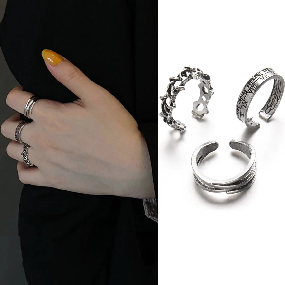 Cincin Buku Jari, Gaya Terbuka, Warna Perak Retro, Uniseks, Boleh Laras, Cincin Punk, Gaya INS, Aksesori Barang Kemas Keluli Tahan Karat, Set 3 Keping