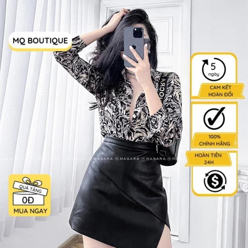 Áo sơ mi lụa nữ dài tay cao cấp công sở họa tiết hoa trà nền đen áo sơ mi họa tiết thiết kế MQ Boutique