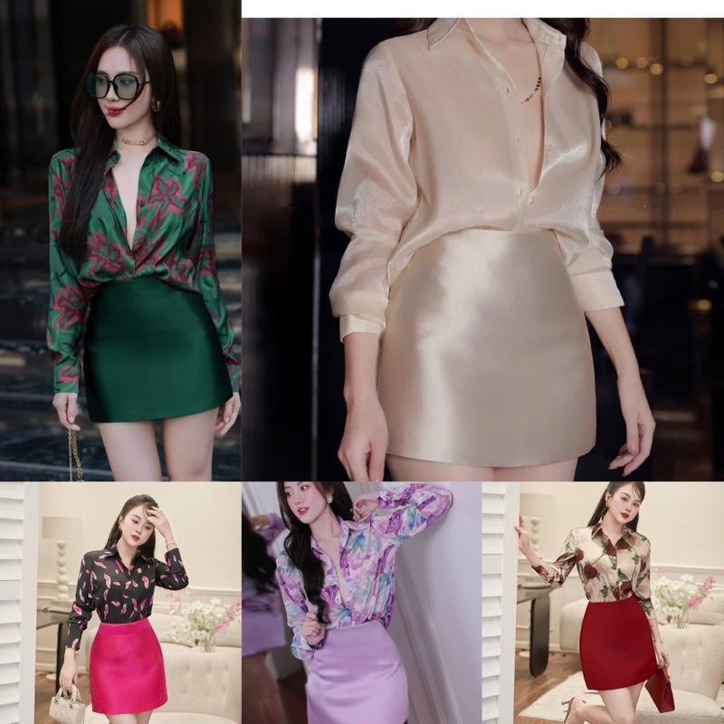 Set áo sơ mi lụa phối chân váy tafta lụa dáng A màu xanh lục Tím nhạt vàng gol