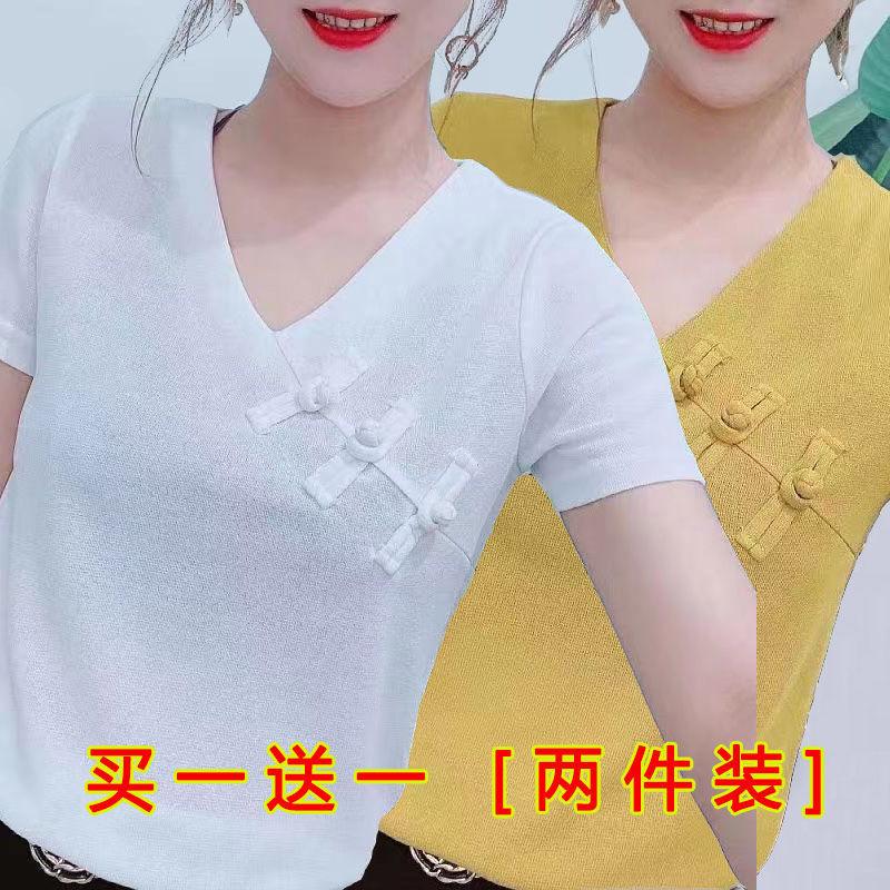 Product Introduction of Áo Thun ngắn Tay Dành Cho Nữ, Dáng Rộng Vừa Vặn, Phong Cách Trung Quốc Cổ Điển, Tay Lửng Cổ Chữ V Có Cúc, Áo Ngoại Cỡ Mùa Hè 2025 Hàng Mới Về 15