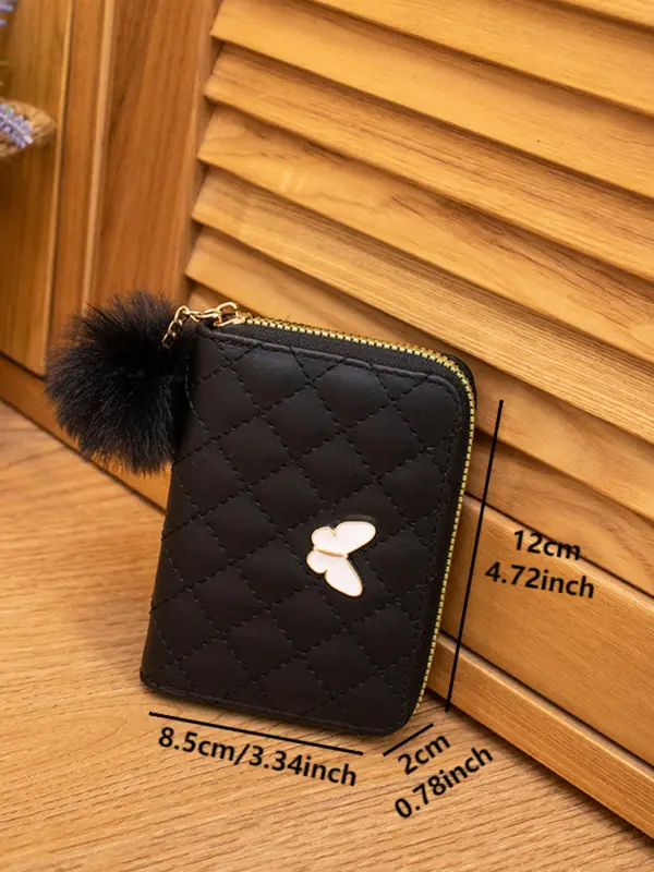 Women's Butterfly Pattern Quilted Design Zipper Short Wallet, with Hair Ball Charm, Casual Versatile Card Holder, Lightweight Small Wallet 2