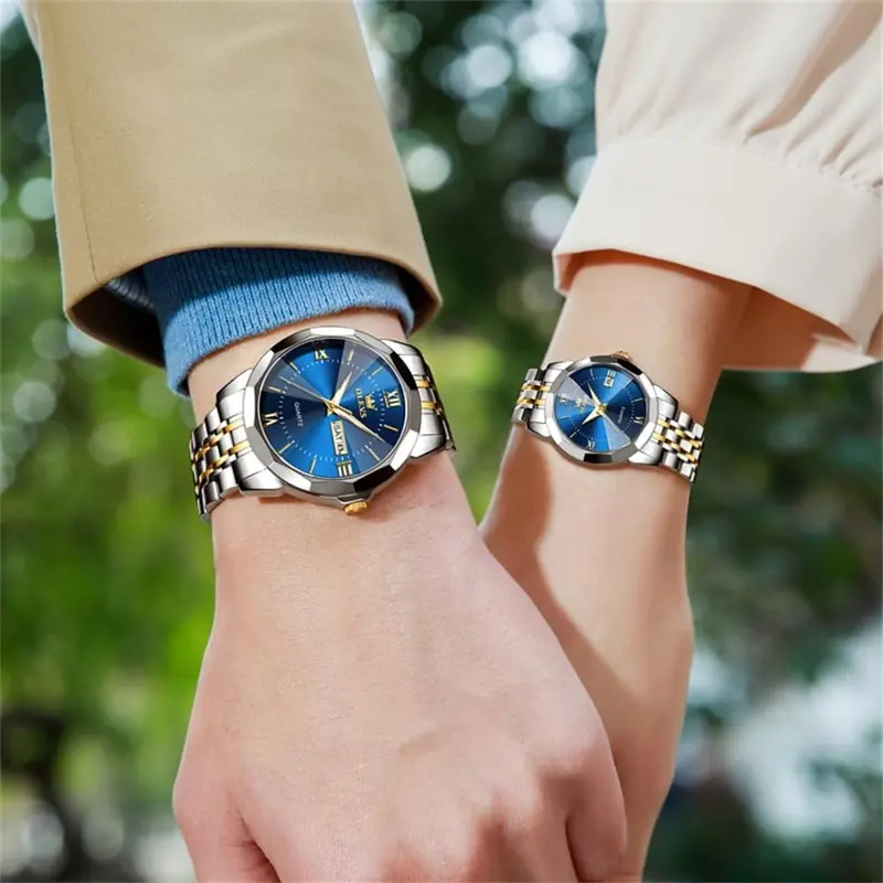 Brand OLEVS Watches for Couple Luxury Fashion His and Hers Stainless Steel Calendar Date 3ATM Waterproof Luminous Wrist Watch for Men Women Lovers Wedding Dating Romantic Gift Set of 2 1