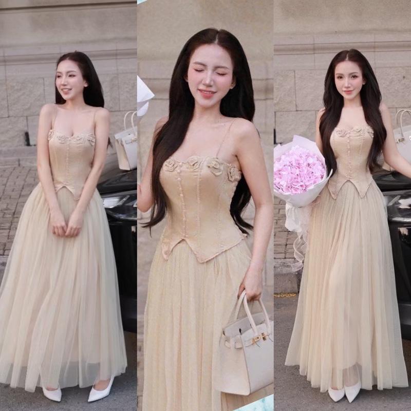 DLT- ￼sét váy thiết kế, áo mocking đính hoa cúp ngực tà nhọn, váy lưới xoè (HP- fressize 37-55kg) Voan