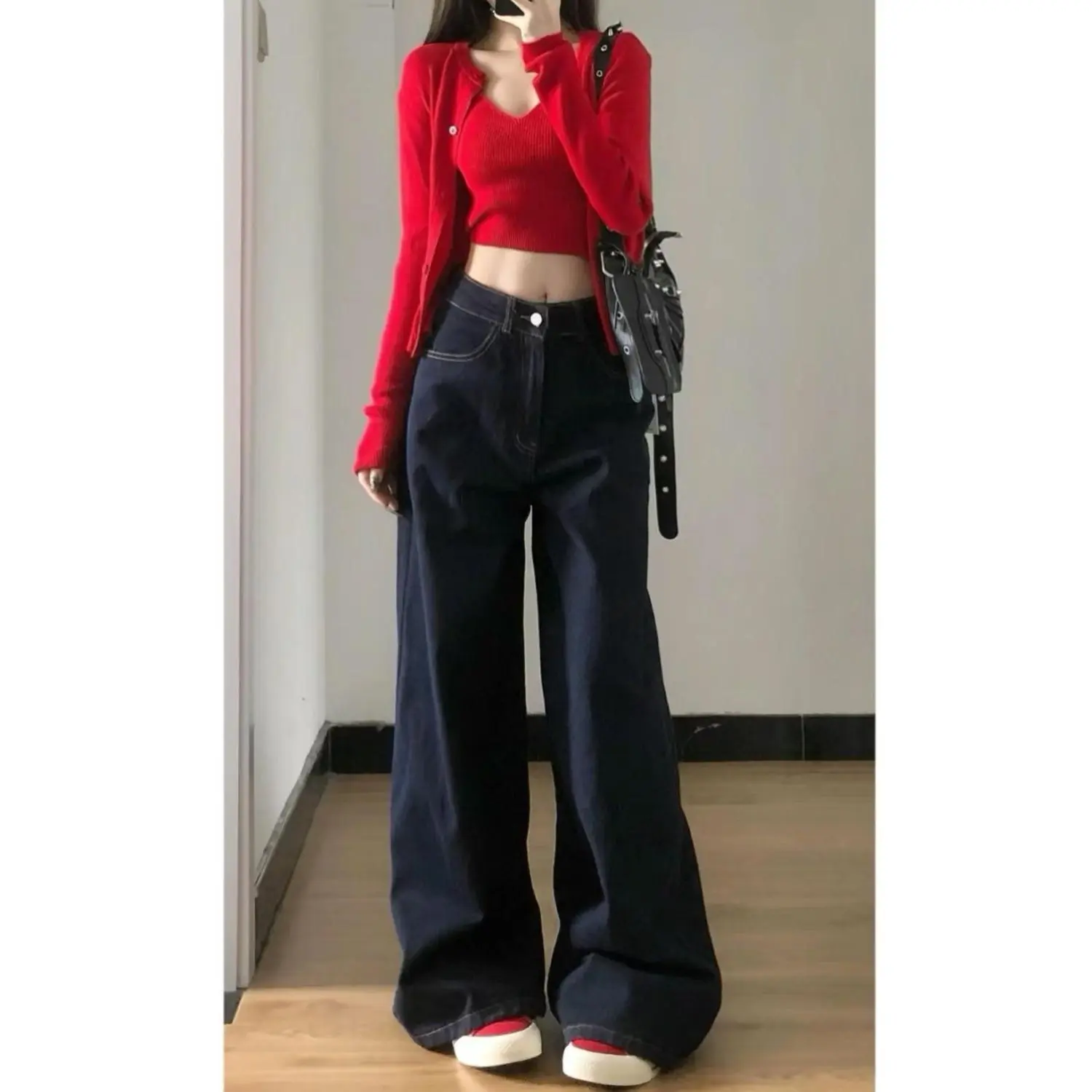 American Retro Dark Blue Wide-Leg Jeans for Petite Figures, High-Waisted Straight Loose Fit, Floor-Length Slimming Draped Pants