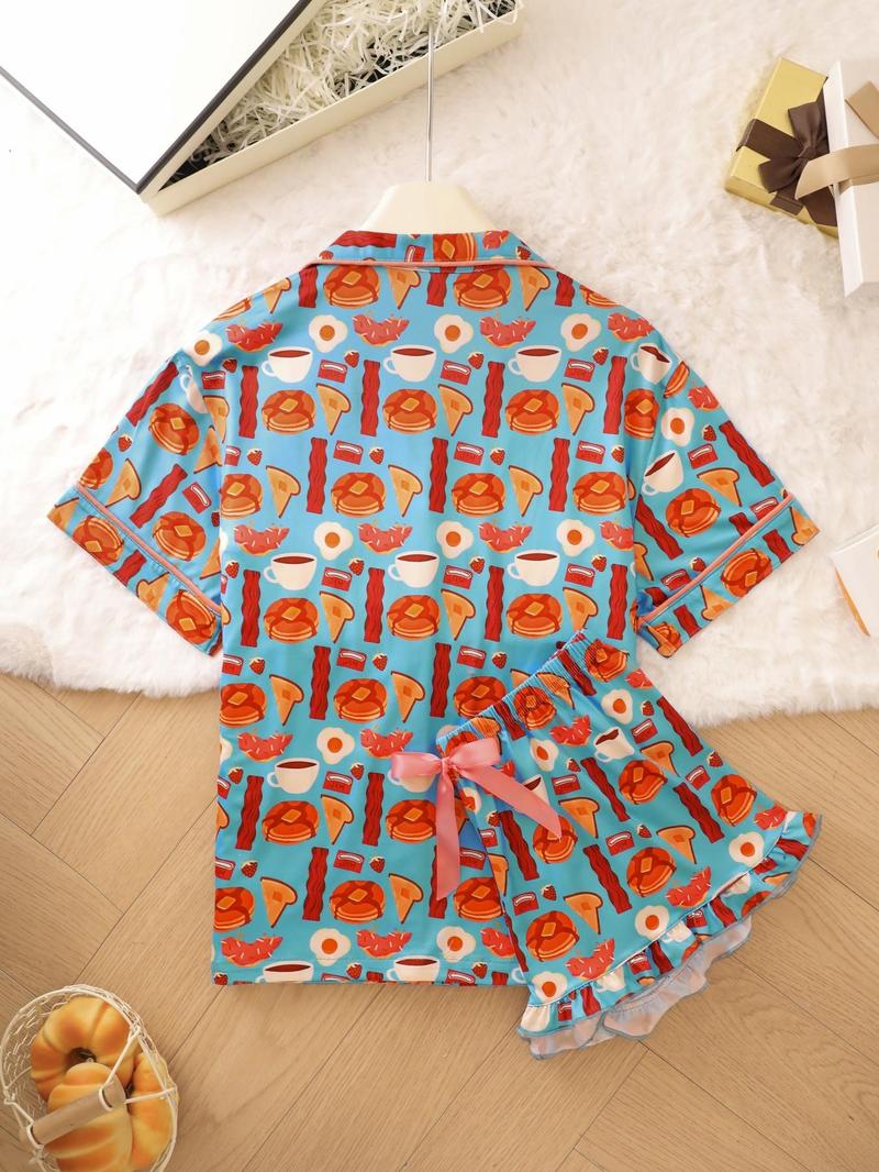 Product Introduction of Women's Leopard & All Over Print Button Pajama Set, Casual Comfy Short Sleeve Top & Shorts Pj Set, Ladies Summer Sleepwear 9