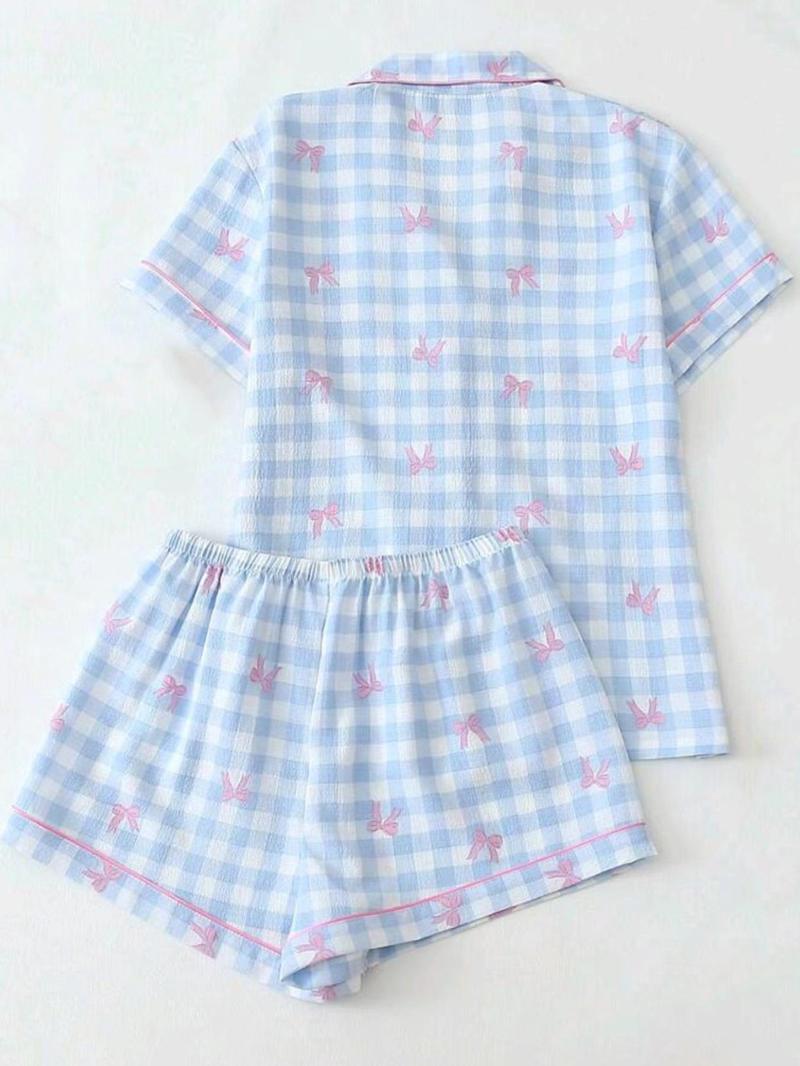 Product Introduction of Women's Bow Print Shirt & Elastic Waist Shorts Pyjama Two-piece Set, Casual Comfy Short Sleeve Collared Top & Shorts Set, Ladies Summer Sleepwear 5