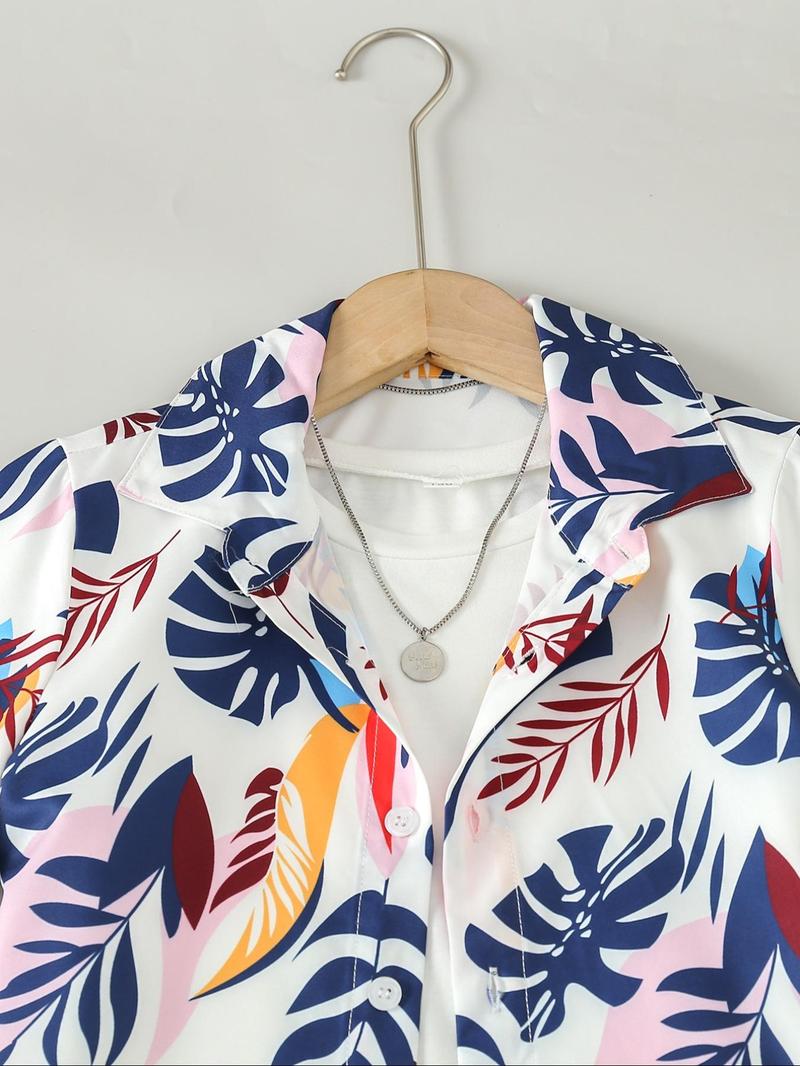 Product Introduction of Two-Piece Set Boy's Leaf Print Short Sleeve Shirt & Shorts, Casual Summer Outfits Clothes for Kids Outdoor Holiday Vacation, Kids Clothing 3