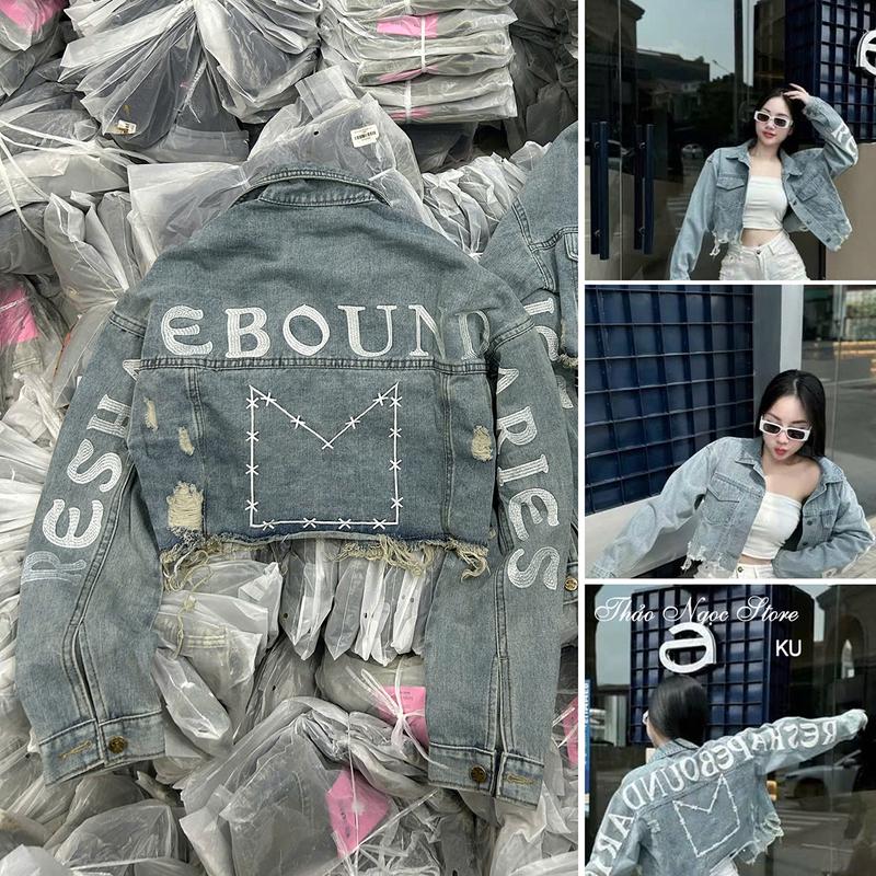 Áo khoác jean nữ croptop tay dài line rách tua lưng thêu chữ! THẢO NGỌC STORE Bò Women Jacket