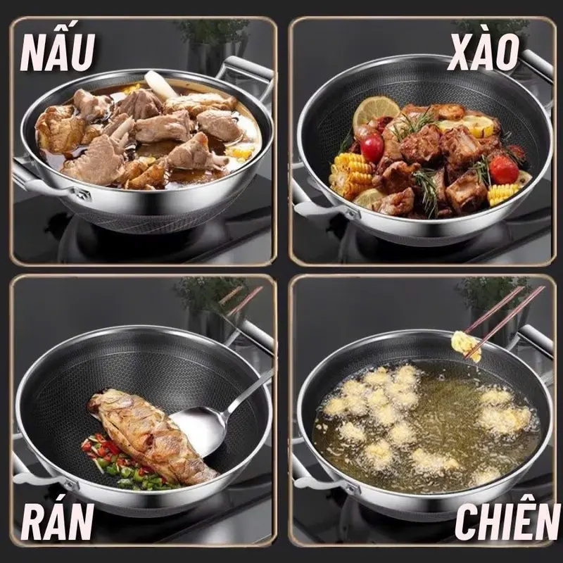 Chảo Tổ Ong Đáy Phẳng 2 Quai, Chống Dính Sâu Lòng, Size 28 cm, mồi inox Phù Hợp Với Mọi Loại bếp inox 304 siêu bền(Không nắp) 1