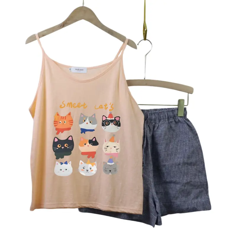 Set Đồ Nữ 2 Dây, Quần Short Kẻ Ô Linen Anhstore, Phom Rộng, In Hình Dễ Thương - Áo Nữ - Women Nhung Top Thun 6