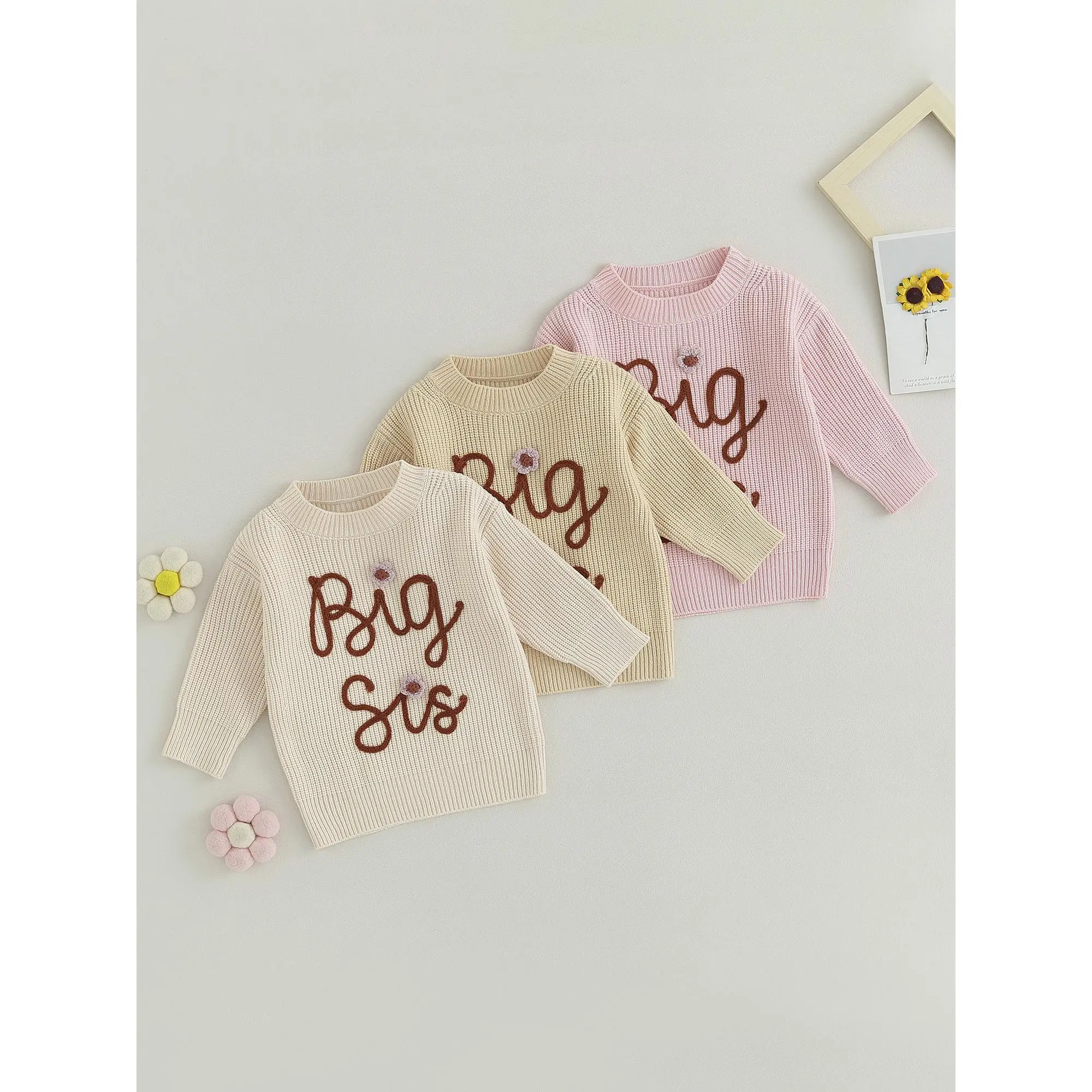 Kid Girl Autumn Sweater, Long Sleeve Round Neck Flower Letter Embroidery Pattern Knitwear Pullover