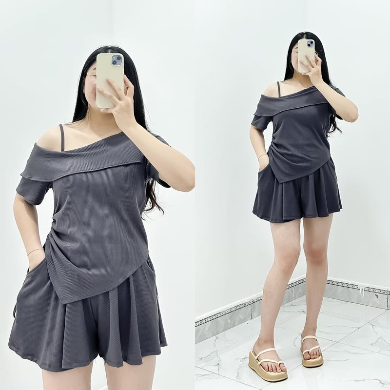 Set đồ nữ áo tay ngắn trễ 1 bên vai rút eo kèm quần đùi xòe ống rộng chất thun gân mềm mịn - SET823