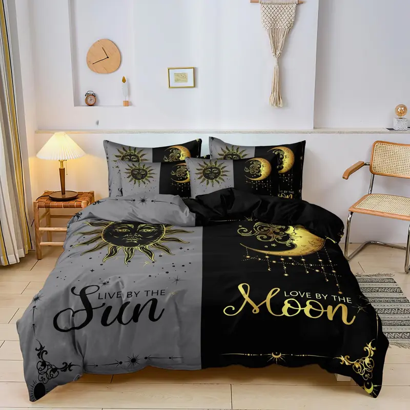 Moon & Sun Print Bedding Set, 3 Counts/set Including 1 Duvet Cover & 2 Pillowcase without Filler, Soft Comfortable Bedding Set for Home Bedroom 3