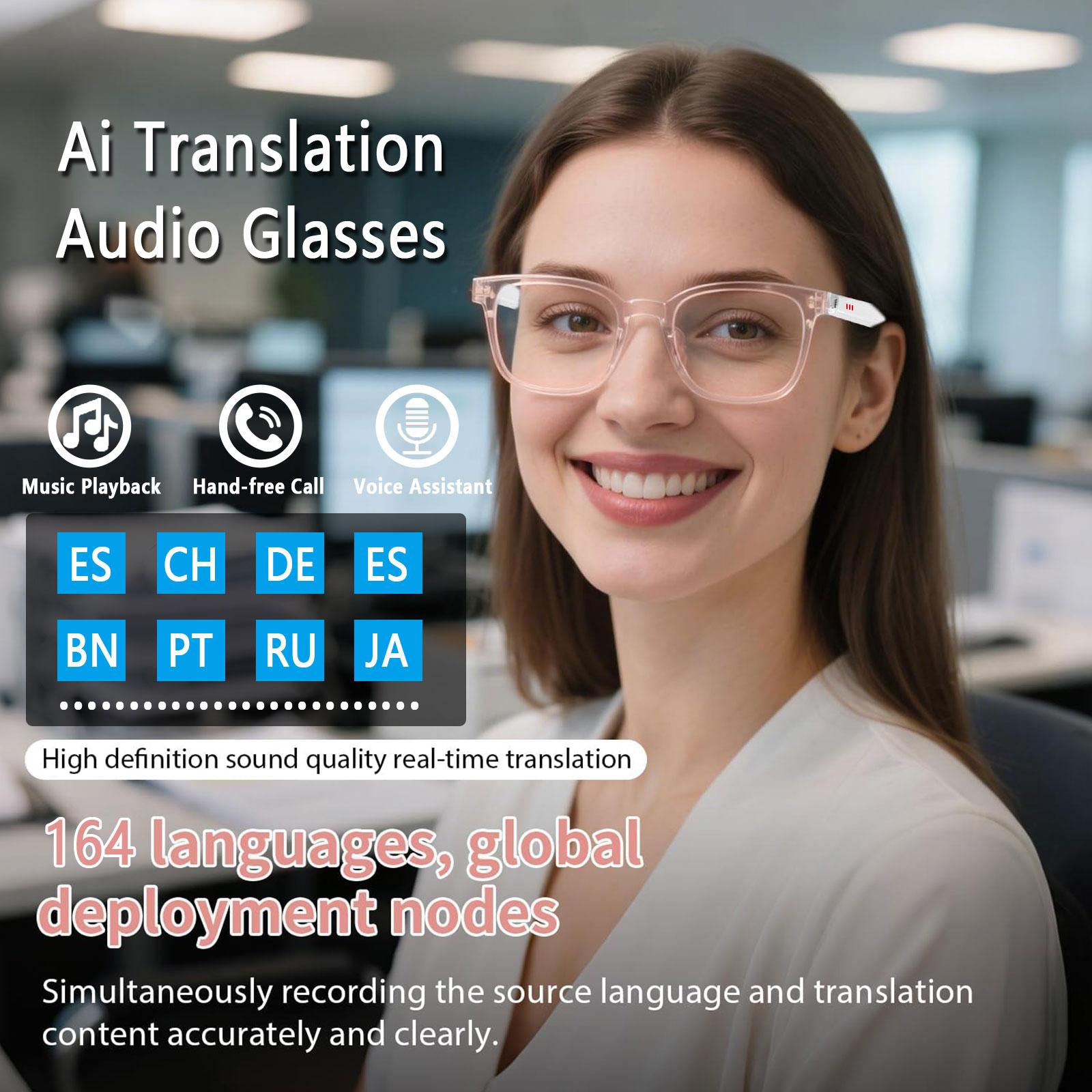 Smart AI translation audio glasses, real-time app translation in over 160 languages, light-sensitive color-changing lenses