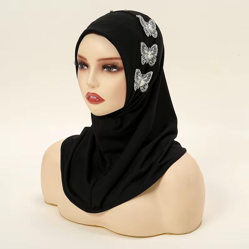 Product Introduction of Crystal Hemp Butterfly Nail Drill Instant Hijab Undercap Chin Part Solid Color Inner Cap Woman Muslim Caps Bonnet 5540cm 5