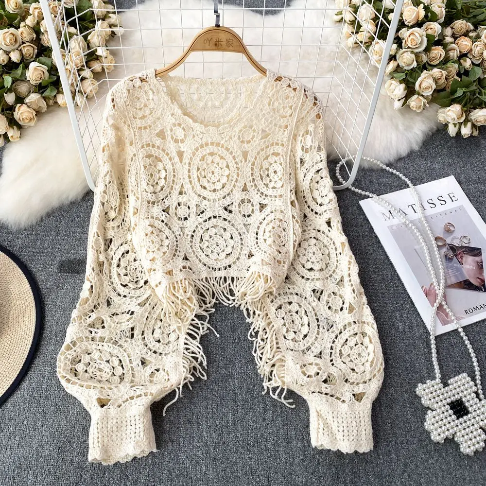 Kardigan Ringan untuk Gaun Maxi Wanita Gaya Etnik Vintaj Leher Bulat Rumbai Mengait Lengan Batwing Berongga Pullover Pendek Pakaian Rajut Blaus Kot Kasual Wanita Kardigan Nipis untuk Wanita Ringan untuk Gaun