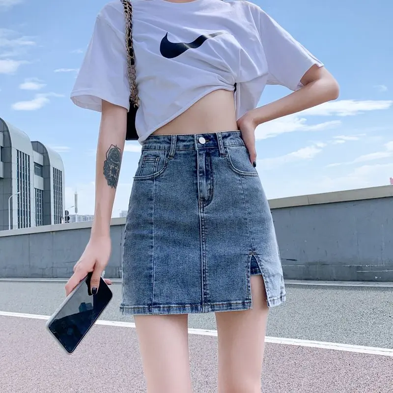 Summer Stretch denim skirt skirt women's high waist plus size anti-exposure A-line miniskirt and divided skirt split hip skirt