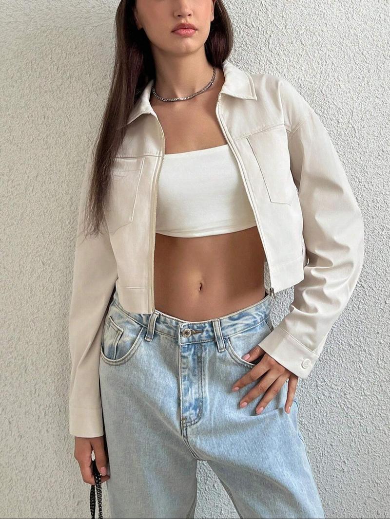 Product Introduction of Women's Solid Drop Shoulder Zip Up Crop Jacket, Casual Long Sleeve Collared Pocket Outerwear for Spring & Fall, Ladies Clothes for Daily Wear 3