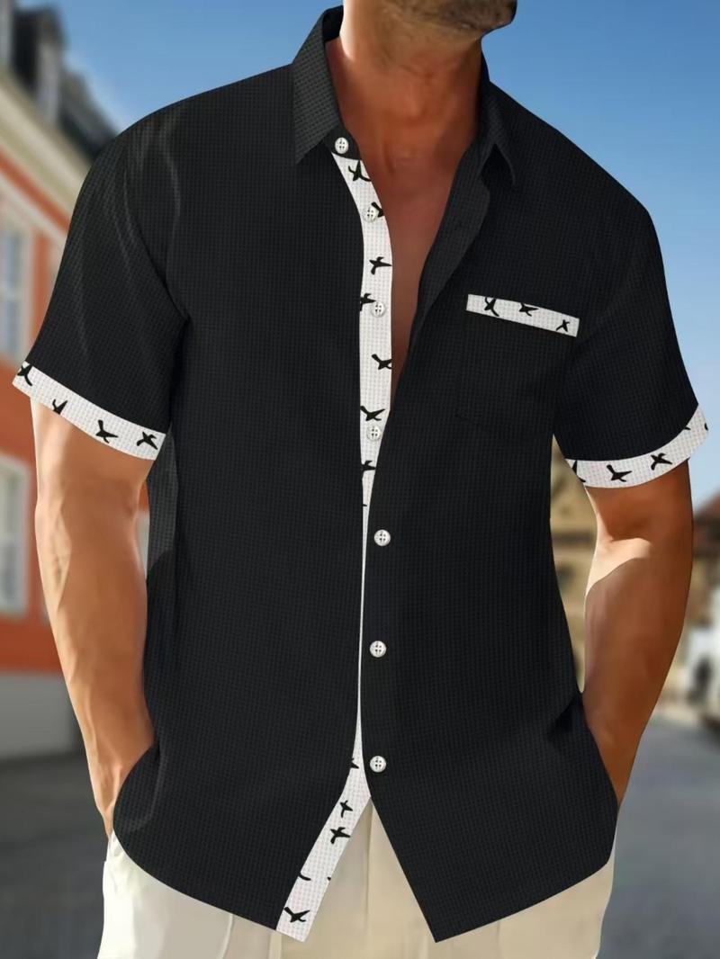 Product Introduction of Men's Contrast Binding Short Sleeve Shirt, Regular Fit Casual Button Collared Top for Summer, Fashion Men's Clothes for Daily Wear 3