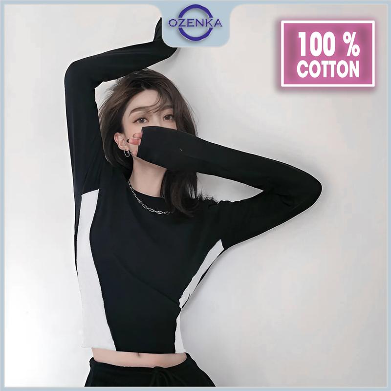 Áo baby tee croptop tay dài cổ tròn phối eo cotton ôm body nữ ozenka áo crt thu đông basic đẹp sang chảnh Women Shirt Jean