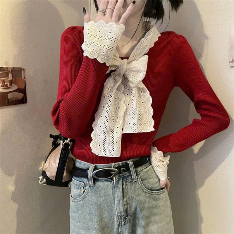 Áo thun nữ thắt nơ phối ren cổ và viền tay xinh xắn 2 màu đen đỏ dễ mix đồ A105 phong cách tiểu thư sang chảnh Women Top Voan Voi Jean Sơ Mi
