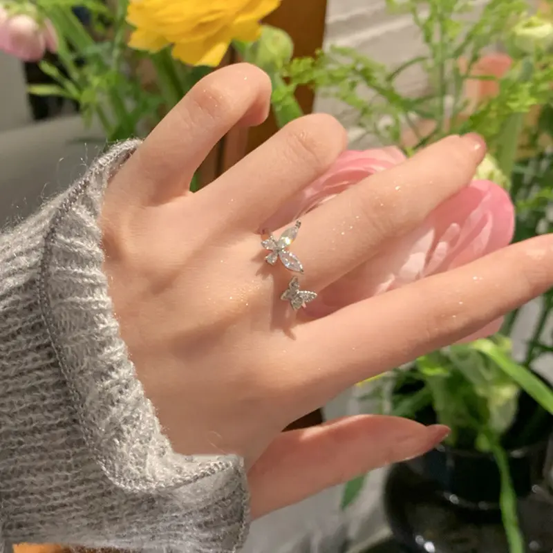 【Jojoo】Light Luxury Double Zircon Butterfly Ring Sterling Silver Female Niche High-end Opening Ring