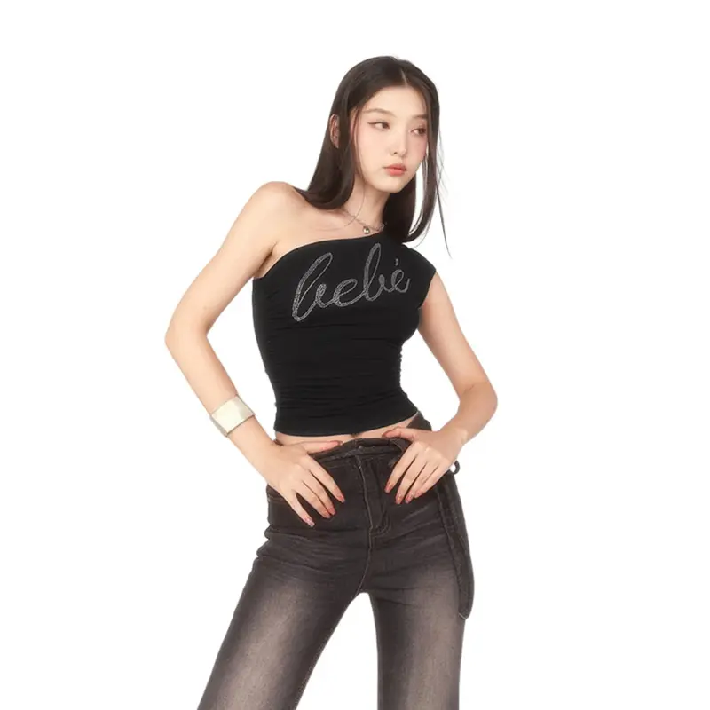 2024 New Style Women Vest Tops Rhinestone Letter Oblique Shoulder Sleeveless Vests Summer Slim Fit Cropped Tops Streetwear