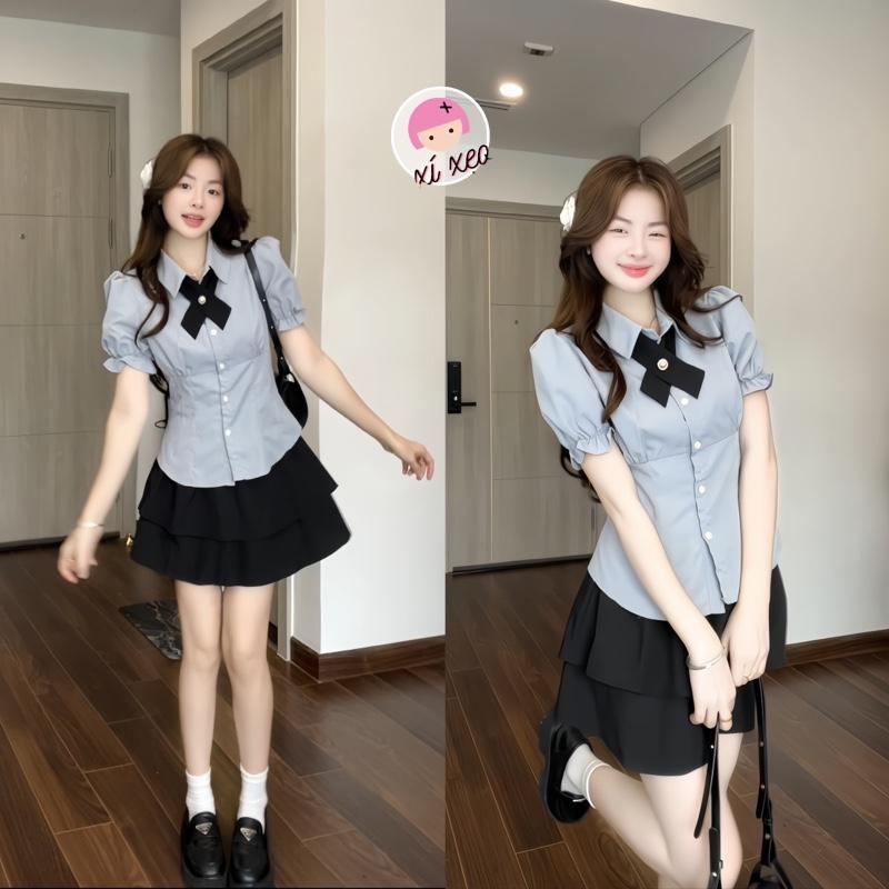 Set áo sơ mi kèm chân váy 2 tầng áo tay phồng chiết eo tiểu thư xixeoshop - S89 Nữ Women Top Kem