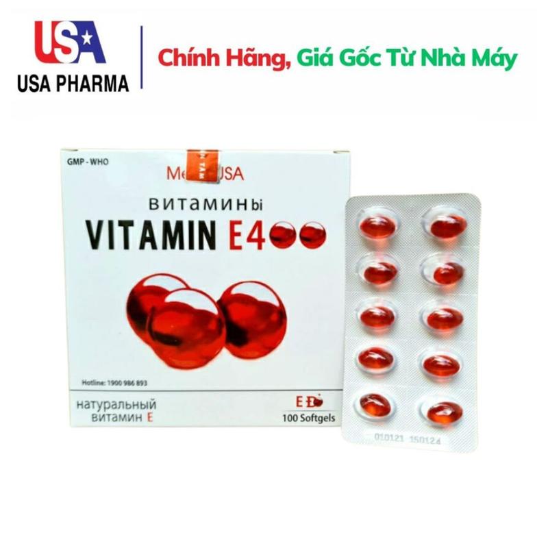 Viên uống VITAMINE Đỏ 400 USA Pharma bổ sung vitamin E giúp làm đẹp da, trắng da, hồi phục da - Hộp 100 viên- thực phẩm dành cho người lớn